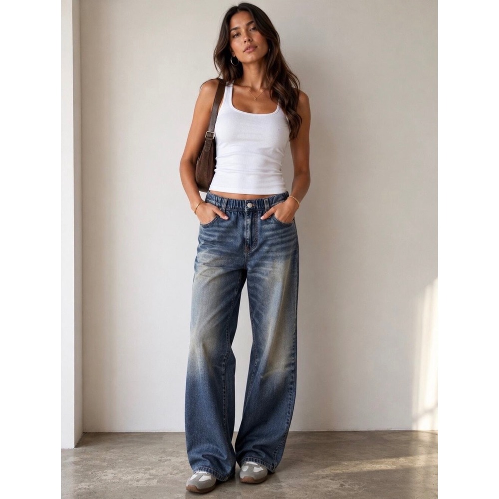 Mila Rosabella Wide Leg Sweatpant Denim Jeans Pants Blue Medium NWT